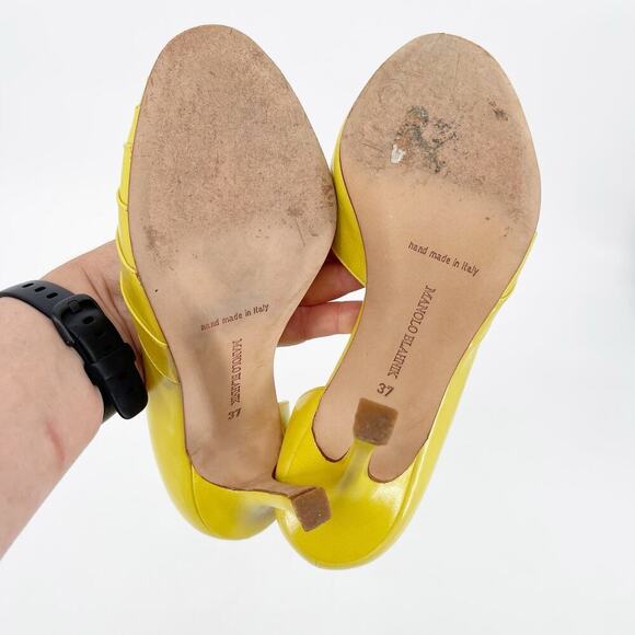 Manolo Blahnik Retro Yellow Risa Leather Peep Toe D'Orsay Heels size IT 37 - Picture 11 of 13
